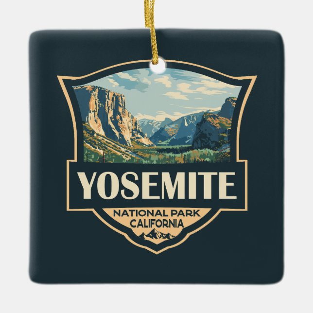 Ornamento De Cerâmica Yosemite National Park Illustration Retro Crachá (Frente)