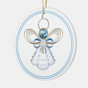 Ornamento De Cerâmica Your Text: Blue Filigree Christmas Angel of Faith