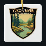 Ornamento De Cerâmica Yukon River North America Viagem Art Vintage<br><div class="desc">Design de arte vetorial do rio Yukon. O rio Yukon é um importante curso de água do noroeste da América do Norte. A partir de sua fonte na Colúmbia Britânica,  Canadá,  ela flui pelo território canadense de Yukon.</div>