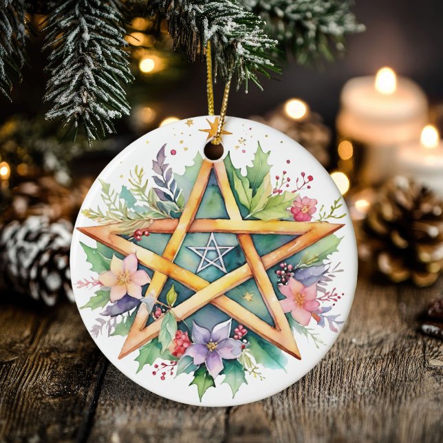 Ornamento De Cerâmica Yule Tree Winter Solstice Floral Wicca Pentacle (Yule Tree Winter Solstice Floral Wicca Pentacle Ceramic Ornament)