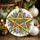 Ornamento De Cerâmica Yule Tree Winter Solstice Greenery Wicca Pentacle<br><div class="desc">Brilhe sua árvore de yule com este design de Ornamento Pentágono da Árvore Yule Winter Solstice Greenery Wicca. A cor de fundo deste ornamento é facilmente editada no editor do Zazzle! Tenha uma Feliz e abençoado Solstício de inverno!</div>