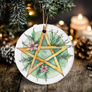 Ornamento De Cerâmica Yule Tree Winter Solstice Monograma Wicca Pentacle