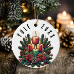 Ornamento De Cerâmica Yule Winter Solstice Poinsettia & Greenery Wicca<br><div class="desc">Brilhe sua árvore de yule com esta design de Yule Winter Solstice Poinsettia & Greenery Wicca. Este modelo é completamente editável,  incluindo texto,  cor de texto,  cor de fundo e muito mais. Tenha uma Feliz e abençoado Solstício de inverno!</div>