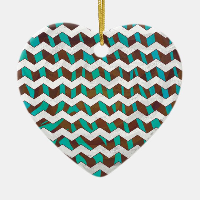 Ornamento De Cerâmica Zebra Chevron Brown e Teal Impressão (Frente)