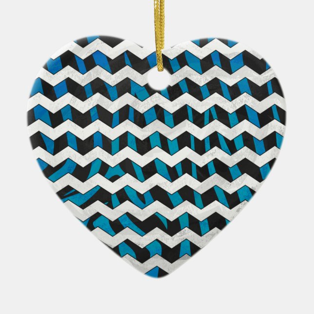 Ornamento De Cerâmica Zebra Chevron Preto e Azul (Frente)