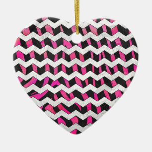 Ornamento De Cerâmica Zebra Chevron Preto e Rosa Quente