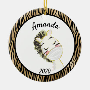 Ornamento De Cerâmica Zebra Dourada Covid Vestindo máscara facial 2020