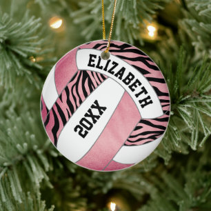 Ornamento De Cerâmica zebra listras com voleibol personalizado rosa