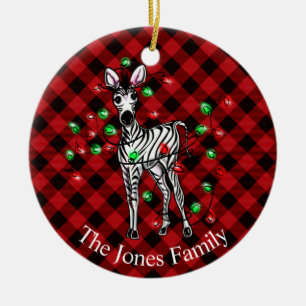Ornamento De Cerâmica Zebra Natal, tartã vermelha, luzes cintilantes