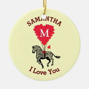 Ornamento De Cerâmica zebra romântica e coração vermelho personalizado