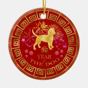 Ornamento De Cerâmica Zodiac Dog Red/Dourado ID542 chinês