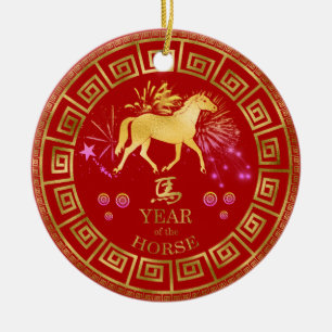 Ornamento De Cerâmica Zodiac Horse Red/Dourado ID542 chinês