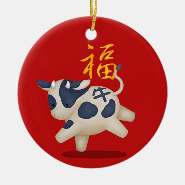 Ornamento De Cerâmica Zodiac Ox "Fortune" Chinês - Ano Novo Personalizad (Frente)