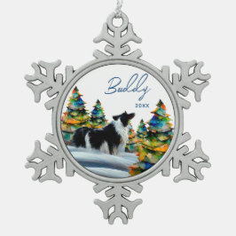 Ornamento De Estanho Floco De Neve Border Collie na Floresta de Neve de Inverno Árvor
