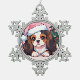 Ornamento De Estanho Floco De Neve Chapéu de Natal Cavalier King Charles Pastel