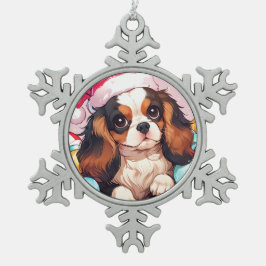 Ornamento De Estanho Floco De Neve Chapéu de Natal Cavalier King Charles Pastel