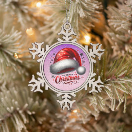 Ornamento De Estanho Floco De Neve Chapéu de Papai Noel Escarlate com Brilho