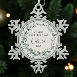 Ornamento De Estanho Floco De Neve Eucalyptus Baby First Christmas Minimalist Modern