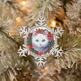 Ornamento De Estanho Floco De Neve Gato Branco na Pintagem de Aquarela de Natal,