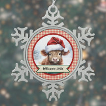 Highland Cow Cute Santa Hat Gingham Nome de Natal