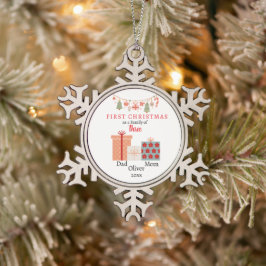 Ornamento De Estanho Floco De Neve Primeira família natalícia de três Keepsaoks