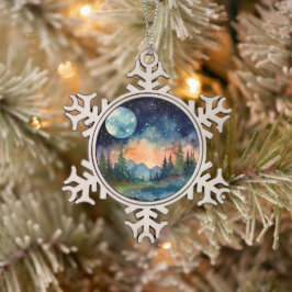 Ornamento De Estanho Floco De Neve Watercolor Nightsky na floresta com Lua Completa
