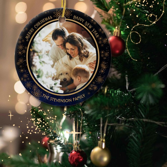 Ornamento de Fotos de Natal Azul do Marinho Elegan (Elegant Navy Blue Christmas Photo Ornament)