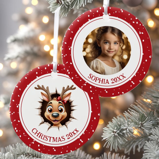 Ornamento de Fotos de Natal para a Rapariga de Rei (Funny Happy Reindeer Girl Christmas Photo Ornament)