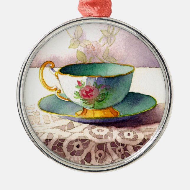 Ornamento De Metal 0001 Teacup on Lace Ornament (Frente)