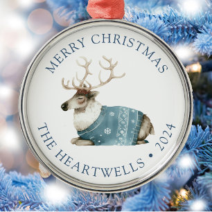 Ornamento De Metal 2024 Rena de Natal Azul Personalizada Feliz Natal