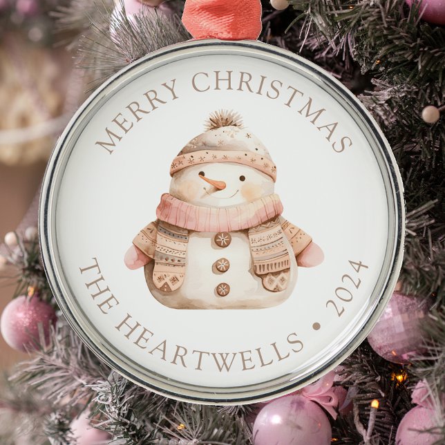 Ornamento De Metal 2024 Snowman Rosa Personalizado Feliz Natal (Criador carregado)