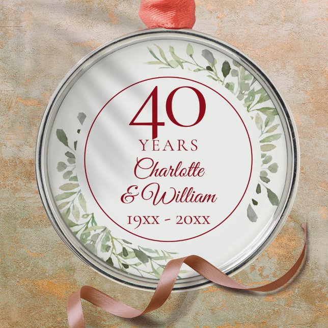 Ornamento De Metal 40º aniversário do Casamento Ruby Greenery (40th Ruby Wedding Anniversary Greenery Metal Ornament)