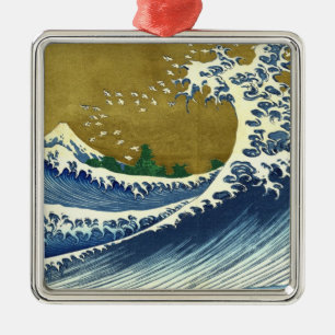 Ornamento De Metal A Grande Onda (Azul e Dourado) (Katsushika Hokusai
