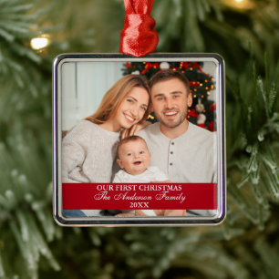 Ornamento De Metal A nossa primeira família de Natal, fotografar verm