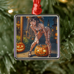 Ornamento De Metal Abóbora Monstro de Halloween & Garota Raposa Morce