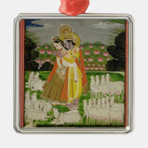 Ornamento De Metal Abraço de Radha e de Krishna em um landscap