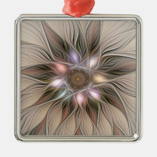 Ornamento De Metal Abstrato Beige Brown Floral Fractal de Flor Joyful