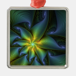 Ornamento De Metal Abstrato Star, Ouro Verde brilhante Arte Fractal