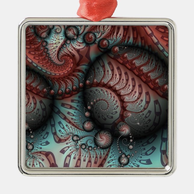 Ornamento De Metal Abstrato Vivid Fantasy Fractal Art Brown Blue (Frente)