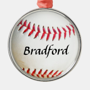 Ornamento De Metal Adicionar Nome em Basebol Branco com Costura Verme