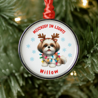Ornamento De Metal Adorável Watercolor Shih Tzu Festivo Snowflakes Cã