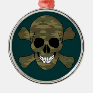 Ornamento De Metal Adorno Redondo Caveira e Ossos Cruzados Camuflado