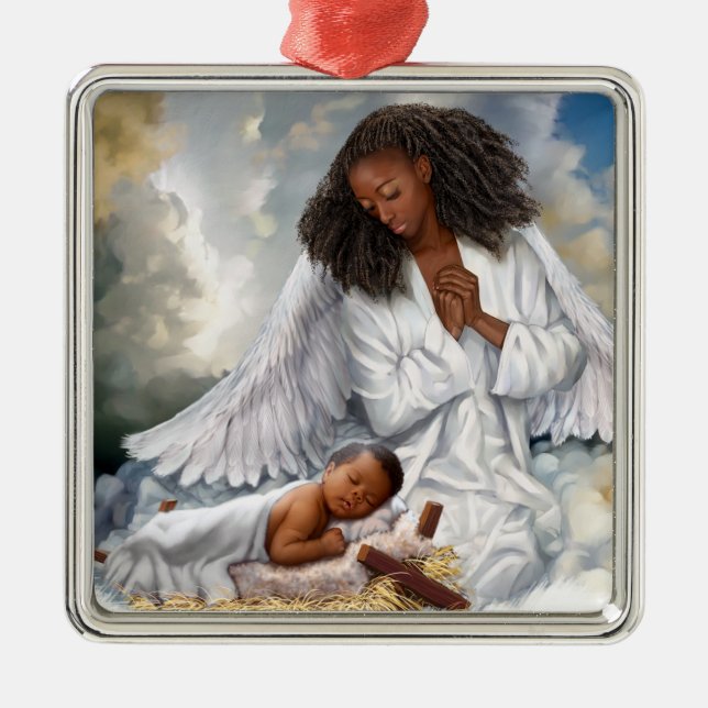 Ornamento De Metal African American Angel and Baby Jesus  (Frente)