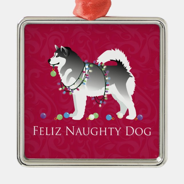 Ornamento De Metal Alaskan Malamute Feliz Naughn no Natal (Frente)