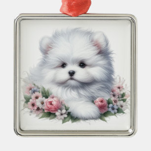ORNAMENTO DE METAL ALGODÃO BRANCO ADORÁVEL DE CÃO TULEAR