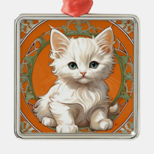 Ornamento De Metal Alphonse Mucha Art Nouveau White Kitten