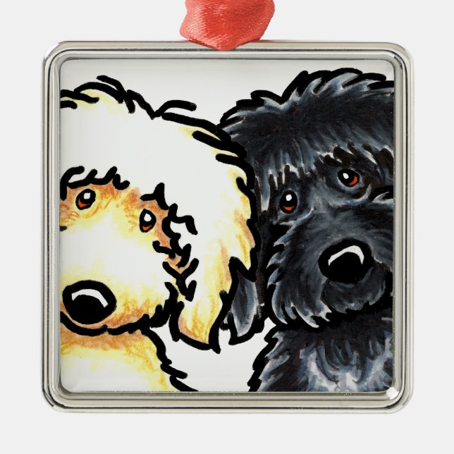Ornamento De Metal Amarelo em preto Labradoodle (Frente)