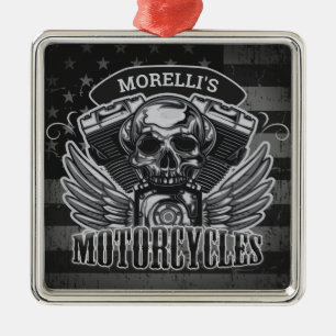 Ornamento De Metal American Biker ADD NAME Skull V-Twin