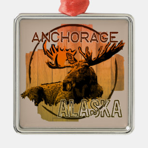 Ornamento De Metal Anchorage Ornament de alce de laranja do Alasca