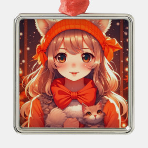 Ornamento De Metal Anime Girl com Orange Kitten Natal